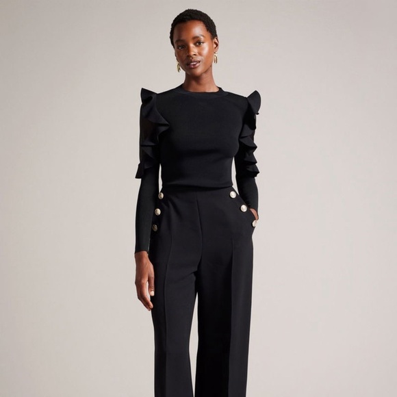Ted Baker Sweaters - TED BAKER Black Floraas Sheer Shoulders Fitted Knit Top